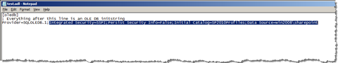 Connection string generated by the UDL file selected in Notepad window
