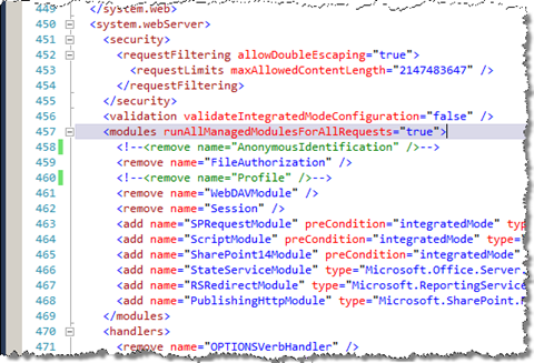 system.webServer/modules section of web.config with the ASP.NET Profiles modules enabled