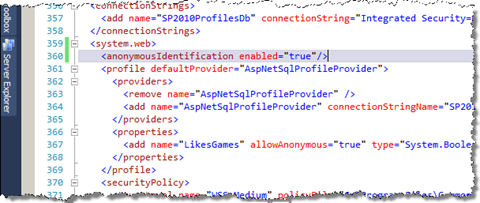 The anonymousIdentification entry highlighted in web.config