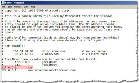 hosts file with the ca host header mapped to the local IP address