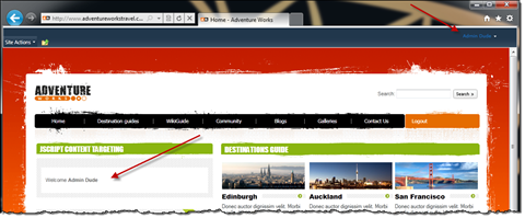 Adventure Works Travel site with red arrows pointing to the user name and the welcome message for authenticated users
