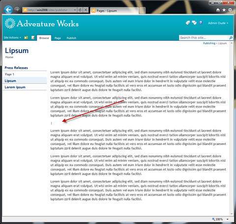 SharePoint 2010 Publishing Page with some sample content. Red arrow points to the | character which marks the place where the Web Part should be added.