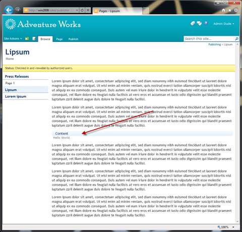 SharePoint 2010 Publishing Page with some sample content. Red arrows points to a Content Editor Web Part added in Rich Content.