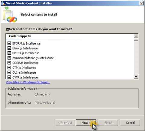 Visual Studio Content Installer first page of the wizard while installing the Mavention SharePoint 2010 JSOM IntelliSense Snippets.