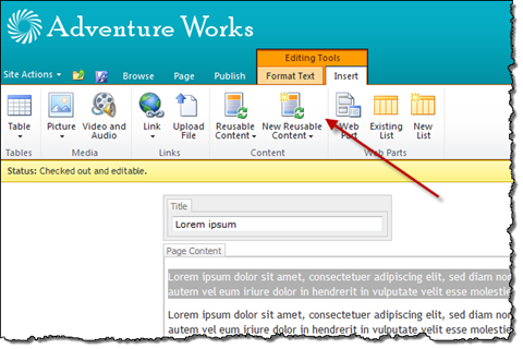 The New Reusable Content button enabled on the Ribbon while some text is selected in the Rich Text Editor
