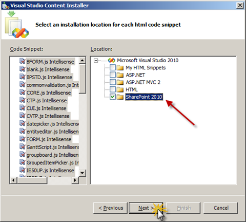 Selecting the location where the HTML snippets will be installed.