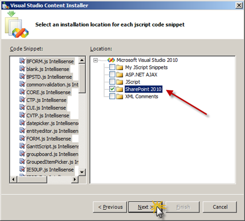 Selecting the location where the JavaScript snippets will be installed.