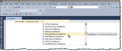 Inserting SharePoint 2010 JSOM intellisense snippets using Mavention SharePoint 2010 JSOM IntelliSense Snippets in a .js file.