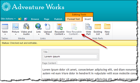 The disabled New Reusable Content button on the Ribbon