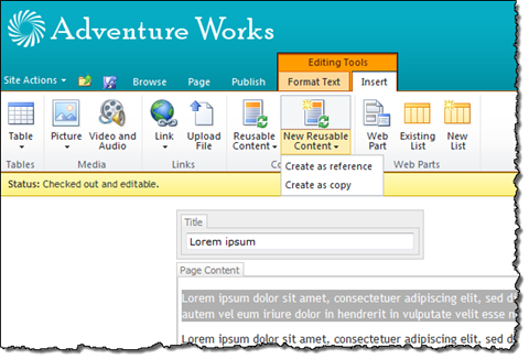Choices for creating new Reusable Content from the selected text under the New Reusable Content button