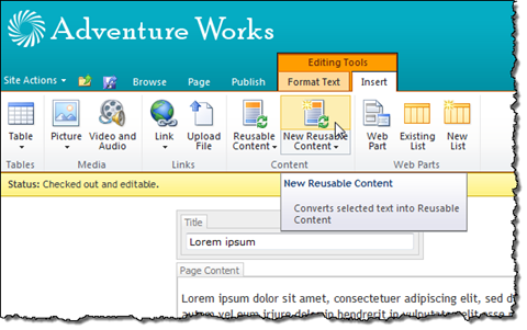 The New Reusable Content button highlighted on the Ribbon