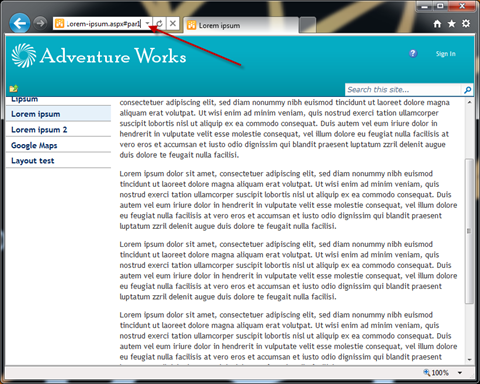 Sample Publishing Page in SharePoint 2010. IE window scrolled half way. Arrow pointing to a deep link in the address bar.