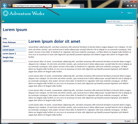 Sample Publishing Page in SharePoint 2010. IE window without the scroll bar. Arrow pointing to a deep link in the address bar.