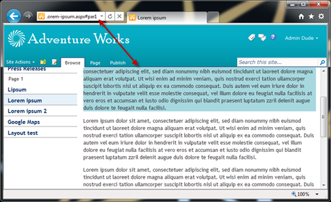 Sample Publishing Page in SharePoint 2010. IE window scrolled half way. Arrow pointing to the deep link in the address bar. The first paragraph of content highlighted by Mavention Highlight Deep Link.