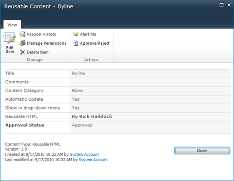 Properties of a sample Reusable Content block with the Automatic Update field set to true