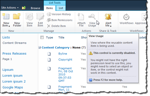The View Usage button disabled on the Ribbon