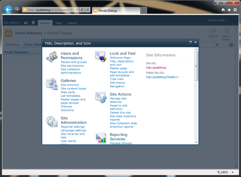 The ‘Site Settings’ page opened in a SharePoint 2010 Modal Dialog.