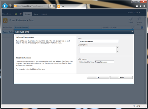 The ‘Edit web info’ custom Application Page.