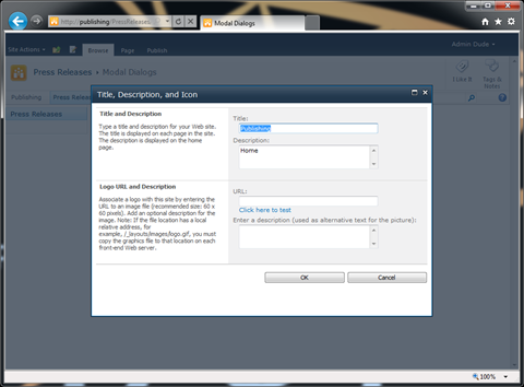 The ‘Title, Description, and Icon’ page opened in a SharePoint 2010 Modal Dialog.