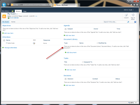 Document Library on the Meeting Workspace saying that there are no items to display in the view.
