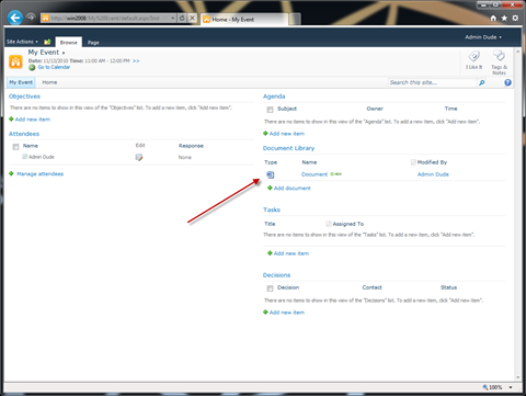 Document Library on the Meeting Workspace showing one document.