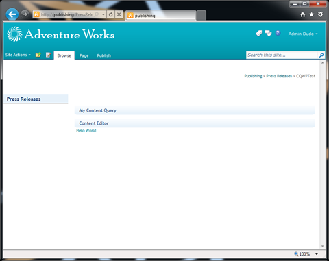 A Publishing Page with a Content Query Web Part and a Content Editor Web Part below it.