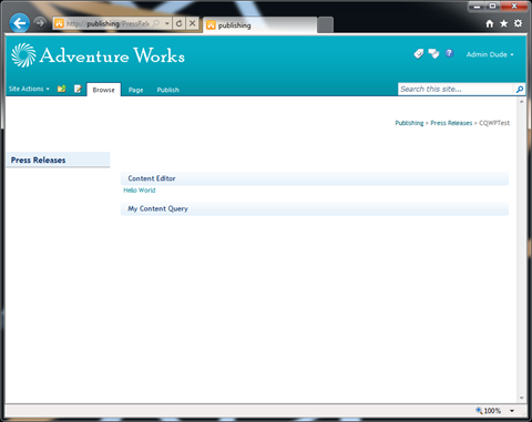 A Publishing Page with a Content Editor Web Part and a Content Query Web Part below it.