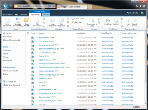 Many image files in a folder in Style Library checked out.