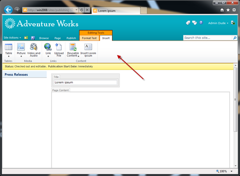 Insert Web Parts controls hidden from the Ribbon.