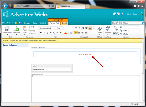 Red arrow pointing to the ‘Add a Web Part’ link in a Web Part Zone.