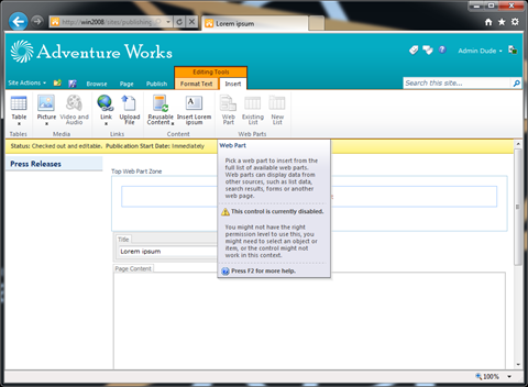 'Insert Web Parts’ group disabled on the Ribbon.