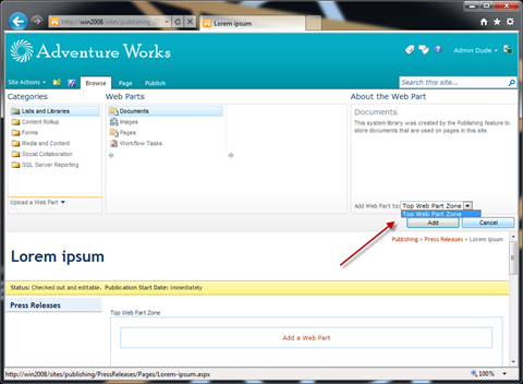 ‘Rich Content’ zone removed from the Web Part Adder.