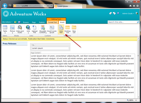 Insert Web Part button enabled on the Ribbon while Rich HTML field focused.