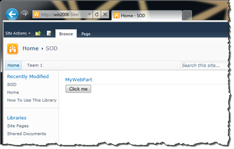 A Web Part called ‘MyWebPart’ with a button called ‘Click me’ on a page.