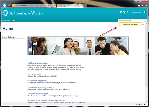 ‘Operation in progress...’ message displayed using the SharePoint 2010 Notification Messages.