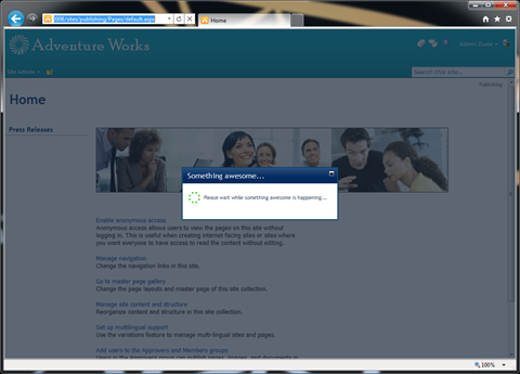 Wait screen displayed using SharePoint 2010 Modal Dialogs.