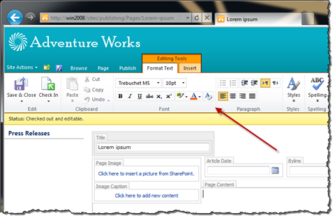 The Font group on the Ribbon marked with a red arrow.