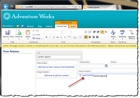 Rich Text Editor showing error after trying to save content with presentational markup.