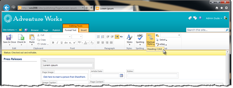 Heading 2 Markup Style in the Markup Styles drop down list.