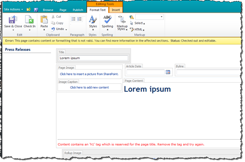Rich Text Editor displaying an error message for content that contains an H1 tag.