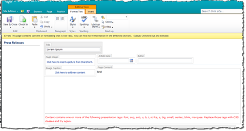 Rich Text Editor displaying an error message for content that contains a B tag.