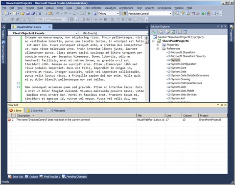 “The name ‘InitializeControl’ does not exist in the current context” error message displayed in Visual Studio 2010.