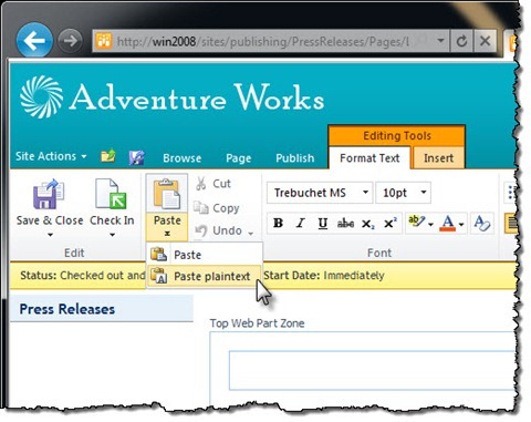 SharePoint 2010 Rich Text Editor Paste options highlighted on the Ribbon.