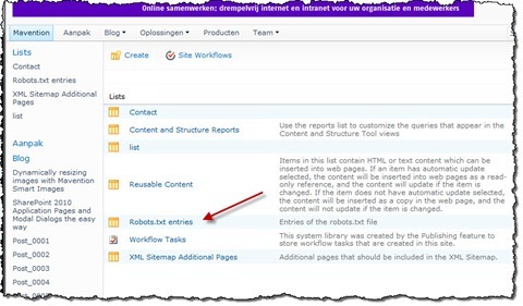 Arrow pointing to the ‘Robots.txt entries’ list in the Root Web.