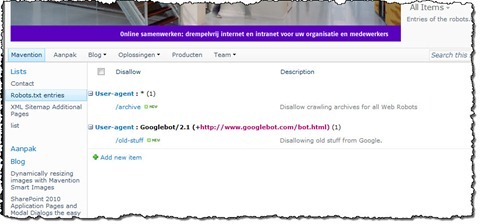 Robots.txt entries grouped by user-agent