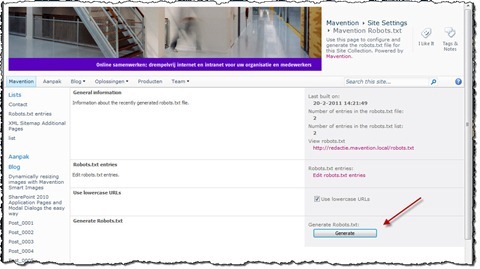 Red arrow pointing to the ‘Generate’ button on the Robots.txt settings page