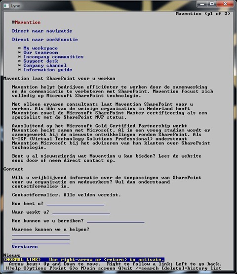 mavention.nl in a text browser: the most relevant content is displayed first.