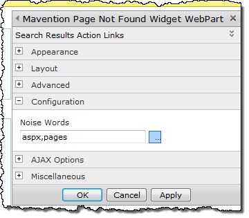 The Noise Words setting of the Mavention Page Not Found Widget Web Part.