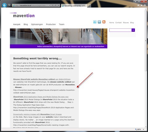 Mavention Page Not Found Widget Web Part showing some suggestions for a missing page.