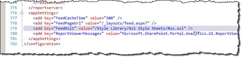 CQWP RSS XSLT setting highlighted in the web.config